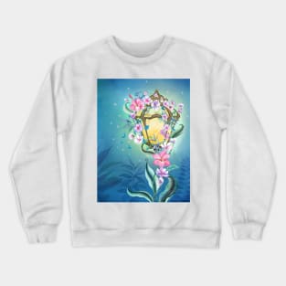 Enchanted streetlight with flowers ornament, butterflies decoration. Night Fairy garden watercolor illustration. Colorful romantic scenery Crewneck Sweatshirt